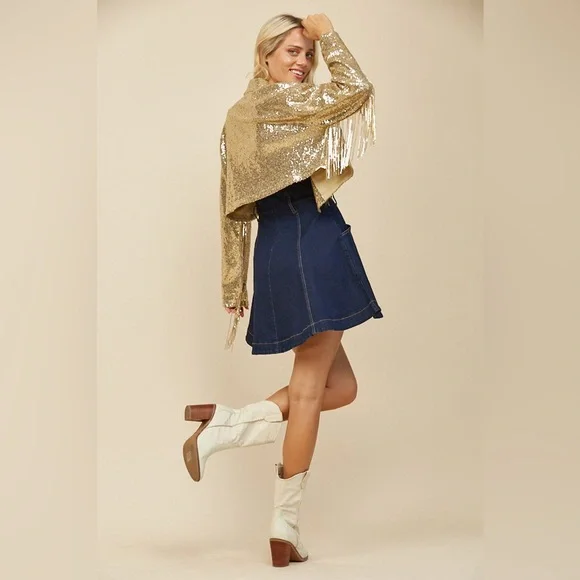 62B. Fringe Sequin Crop Jacket - Gold